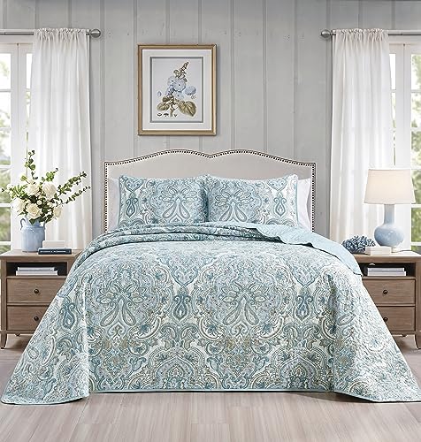 3-Piece Fine Printed Oversize (115" X 95") Quilt Set Reversible Bedspread Coverlet King Size Bed Cover (Pale Blue, Grey, Paisley) - Click to Buy