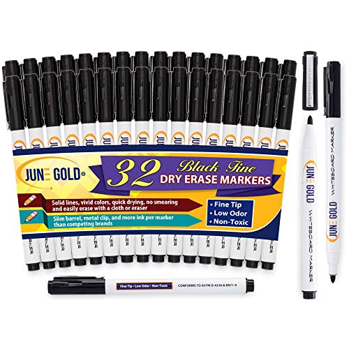 June Gold 32 Black Dry Erase Whiteboard Markers, Fine/Bullet Tip, Slim Barrel, Low Odor & Vivid Lines - Click to Buy