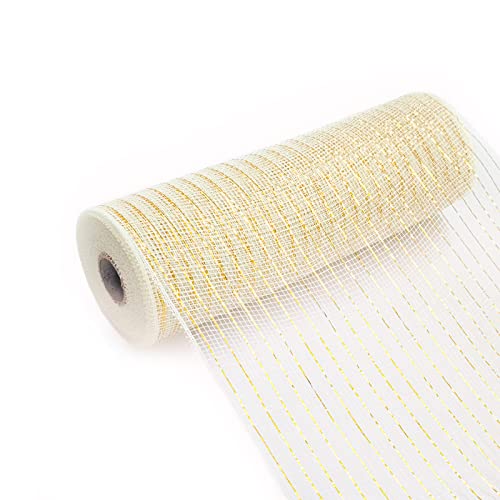 (Cream, Gold Foil) - 25cm x 9.1m Deco Poly Mesh Ribbon - Value Mesh (Cream, Gold Foil) - Click to Buy