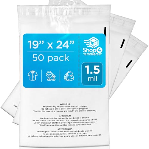 Shop4Mailers 19x24 Clear Poly Bag with Suffocation Warning – Self-Seal Adhesive, 1.5 Mil Clear Bag for FBA, Packaging Bags, Clothes Storage, & Shipping Bags – Resealable Poly Mailers (Pack of 50)