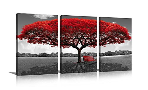 HLJ-3P-T001 Hlj Art Noir et Blanc Photos Giclée Impressions sur Toile Rouge Arbre Banc Moderne Illustrations Décor Mural pour Salon Bureau Salle à Manger - Click to Buy