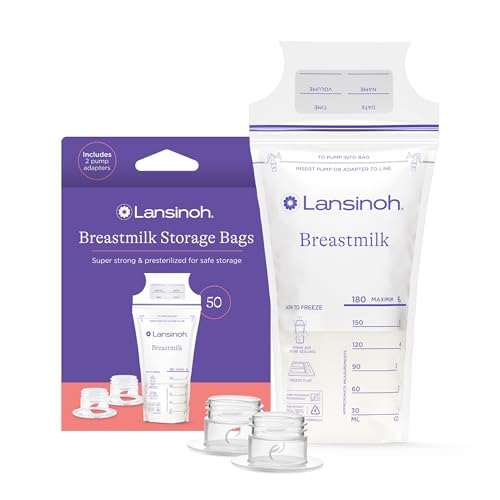 Lansinoh Breastmilk Storage Bags, 50 Count with 2 Pump Adapters, Baby Essentials, Fast Freeze & Thaw Breast Milk Bags for Baby Bottle Feeding, Superior Strength & Stretch, 6 Ounce