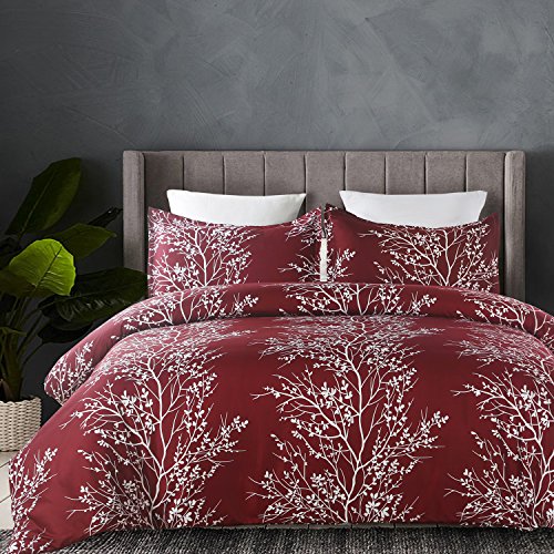Vaulia Microfiber Duvet Cover Set, Tree Branch Printed Pattern Design - Burgundy Red, King Size 3 Piece Set (1 Duvet Cover 2 Pillow Shams) - Click to Buy