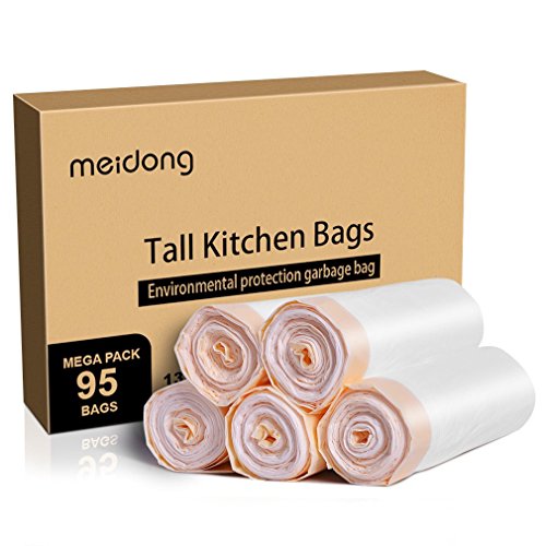 Trash Bags, meidong Garbage Bags 13 Gallon Large Tall Kitchen Drawstring Strong Multipurpose White Bags for Trash Can Garbage Bin(5 Rolls/95 Counts) - Click to Buy
