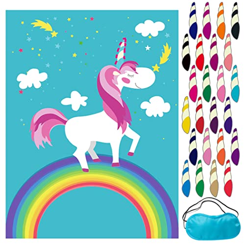 MISS FANTASY Pin The Tail Party Games - 24 Reusable Horns - Unicorn Party Supplies, 21'' X 28'' Pin The Tail On The Unicorn Birthday Gift, Pin The Horn On The Unicorn Kids Birthday Party Game - Click to Buy