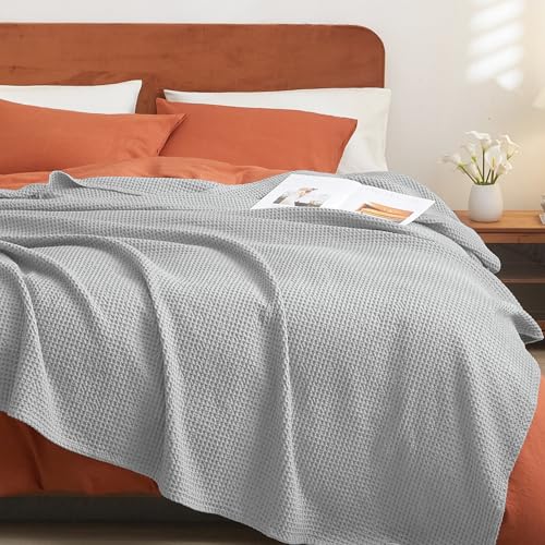 PHF Pre-Washed Cotton Waffle Weave Blanket King Size for Bed,Snag Proof Throw Blanket for Couch Spring Summer Lightweight Breathable,Oeko-TEX Certified,Machine Washable,Home Decor Gift，Light Grey - Click to Buy