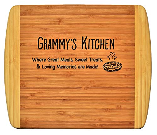 Grammy Gift ~ “Grammy’s Kitchen Where Great Meals are made with Love” 2-Tone Bamboo Cutting Board w/Heart Middle Grandma Christmas Birthday Mothers Day Engraved Side Décor Back Side Usage (11.5x13.5) - Click to Buy