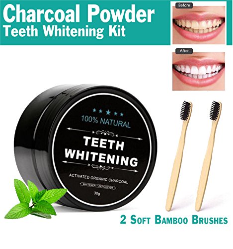 Real Vibes Activated Charcoal Teeth Whitening Powder Kit with 2 Bamboo Toothbrushes