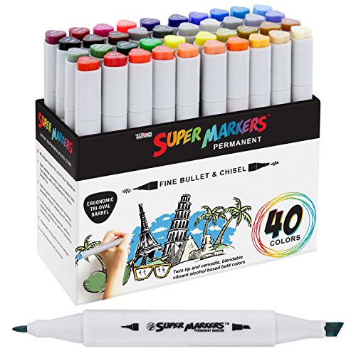 40 Color Super Markers Primary Tones Dual Tip Set - Double-Ended Permanent Art Markers with Fine Bullet and Chisel Point Tips - Ergonomic Tri-Oval Barrels - Draw, Sketch, Illustrate, Render, Manga - Click to Buy
