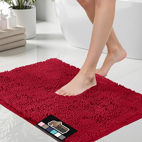 Gorilla Grip Bath Mat, Thick Soft Absorbent Chenille Floor Mats, Rubber Backing Bathmat, 107x66 cm, Quick Dry Rug, Machine Washable Rugs for Shower and Tub Floors, Bathroom Accessories Decor, Red - Click to Buy