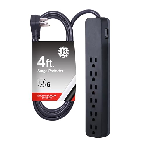 GE Pro 6-Outlet Surge Protector, 4 Ft Extension Cord, 840 Joules, Power Strip, Flat Plug, Integrated Circuit Breaker, Wall Mount, ETL Listed, Black, 37051