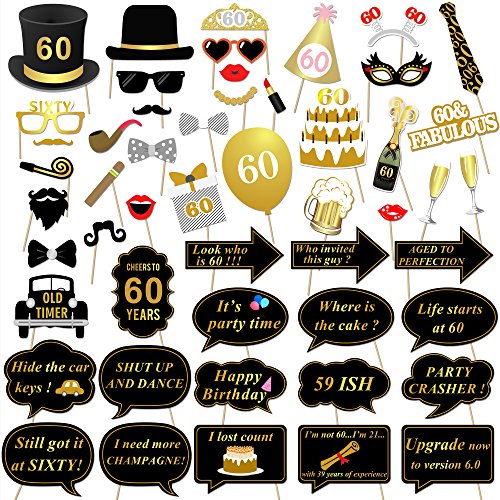 60th Birthday Party Photo Booth Props (51Pcs) for Her Him 60th Birthday Gold and Black Decorations, Konsait Big 60 Birthday Party Supplies for Men and Women - Click to Buy