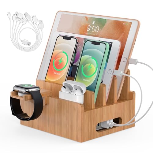 Pezin & Hulin Bamboo Charging Station for Multiple Devices, Desk Docking Station Organizer for Phone, Tablet, Watch, Earbud (No Wall Charger) - Click to Buy
