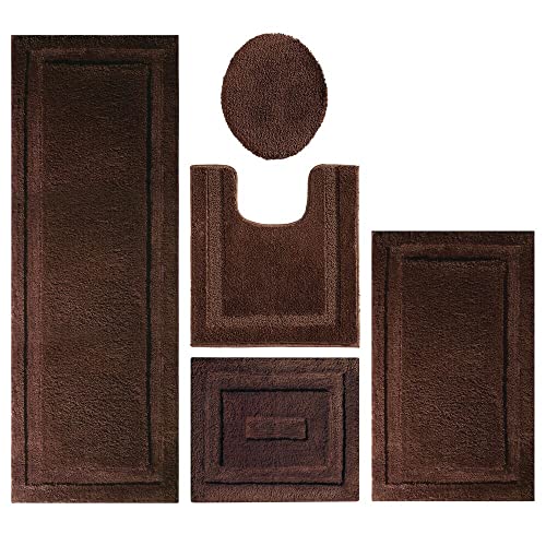 mDesign Soft Microfiber Polyester Bathroom Spa Rug Set - Water Absorbent, Machine Washable, Non-Slip - Includes 3 Rectangular Accent Rugs, Contour Mat, Toilet Lid Cover - Set of 5 - Chocolate Brown - Click to Buy