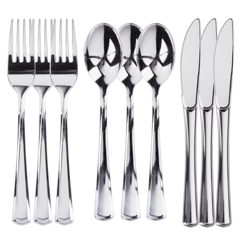 Prestee 300 Plastic Silverware Set | 100 Forks , Spoons , Knives Heavy Duty Bulk Disposable Flatware Utensils - Click to Buy