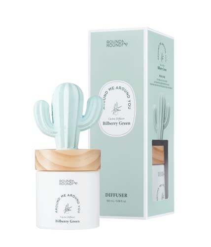 ROUND A'ROUND Cactus Diffuser (Bilberry Cactus) | Fragrances Reed Diffuser, cute shaped design with Light, Bilberry, Clean, Green, refreshing scent for House, Home, Office 3.37 fl.oz. 100ml - Click to Buy