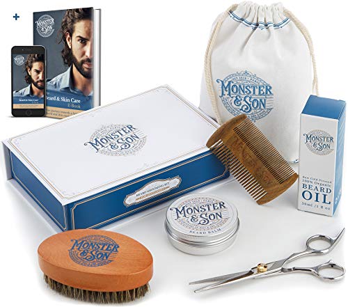 Monster&Son Premium 7-Item Beard Kit | Beard Oil, Beard Balm, Beard Brush, Beard Comb, Scissors, Canvas Travel Bag | Male Grooming Kit in Gift Box | Great Mens Birthday Gift | Father's Day
