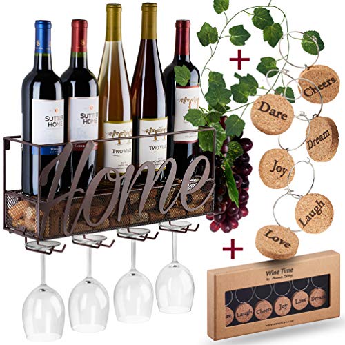 Anna Stay Wall Mounted Decorative Wine Rack with Glass Holder, Cork Storage & Wine Charms - Click to Buy