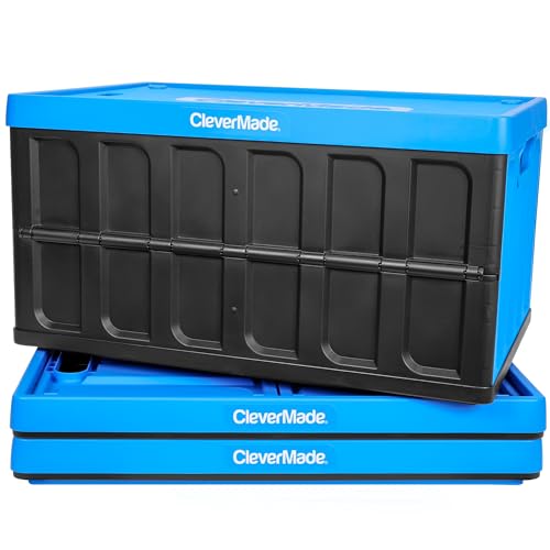 CleverMade Neptune Lot de 3 bacs de rangement avec couvercles – 62 L – Boîtes de rangement pliables en plastique empilables pour économiser de l'espace et durables - Click to Buy