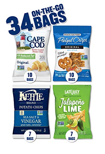 Snack Variety Pack with Kettle Brand and Cape Cod Potato Chips, Late July Tortilla Chips & Snack Factory Pretzel Crisps, 34 Count - Click to Buy