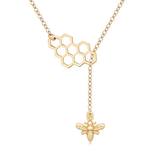 MANZHEN Geometric Bee Hive with Honey Bee Lariat Y Necklace Mother's Day Jewelry Gift - Click to Buy
