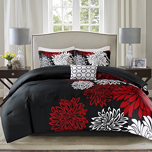 Comfort Spaces Enya Comforter Set-Modern Floral Design All Season Down Alternative Bedding, Matching Shams, Bedskirt, Decorative Pillows, King (104 in x 90 in), Red/Black - Click to Buy