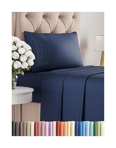 Twin XL Size 3 Piece Sheet Set - Comfy Breathable & Cooling Sheets - Hotel Luxury Bed Sheets for Women and Men - Deep Pockets, Microfiber, Soft & Wrinkle Free Sheets - Navy Blue Oeko-Tex Bed Sheet Set - Click to Buy
