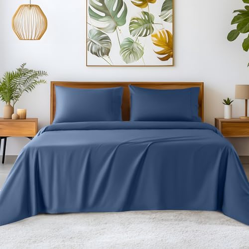 SONORO KATE 100% Egyptian Cotton Sheets - 1200 Thread Count, Luxury & Cooling Hotel Cotton Bed Sheets Set 4 Piece, Sateen Weave for Soft Feel, Fits Upto 16" Mattress (Navy Blue,74" x 94") - Click to Buy