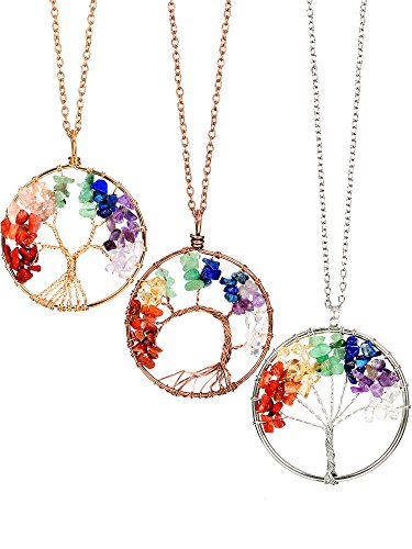 3 Pieces Life Tree Pendant Necklace Handmade Crystal Necklace Jewelry with 50 cm/ 19.7 Inch Long Chain, Gold, Bronze and Silver - Click to Buy