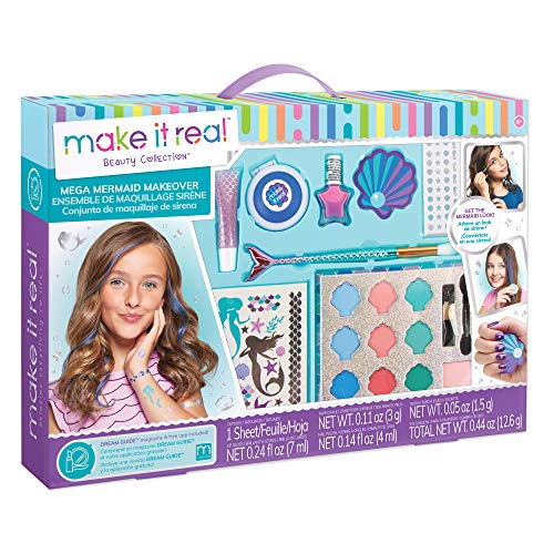 Make It Real - Mega Mermaid Makeover. Mermaid Themed Girls Makeup Kit. Starter Cosmetic Set for Kids and Tweens. Includes Case, Mirror, Eye Shadow, Blush, Mermaid Brushes, Lip Gloss, Nail Polish - Click to Buy