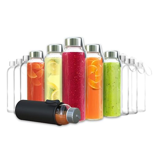 Chef's Star 18 Oz Clear Glass Water Bottles, Reusable Glass Juicing Bottles with Protection Sleeve and Stainless Steel Leak Proof Lids, Set of 12 - Click to Buy