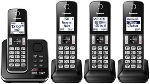 Panasonic DECT 6.0 Expandable Cordless Phone with Answering Machine and Call Block - 4 Cordless Handsets - KX-TGD394CB (Black) - Click to Buy