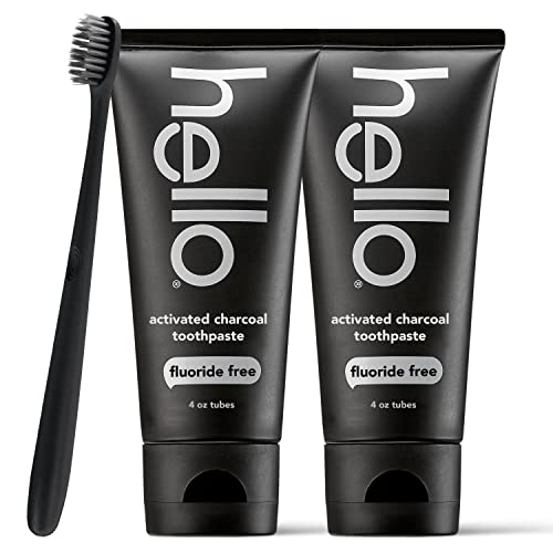 Hello Activated Charcoal Epic Teeth Whitening Fluoride Free Toothpaste and Toothbrush, Fresh Mint and Coconut Oil, Vegan, SLS Free, Gluten Free and Peroxide Free, 4 Ounce (Pack of 2) - Click to Buy