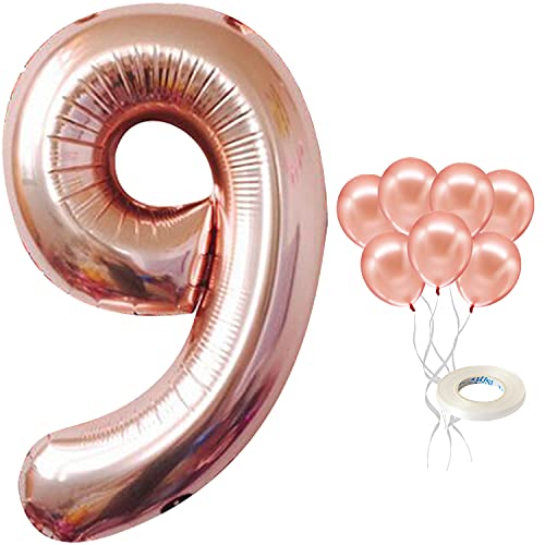 Rose Gold Number 9 Balloon - foil Mylar Rose Gold Balloons Party Decorations Rose Gold Party Supplies for Engagement Birthday Baby Shower Wedding 32 Foot Balloons String