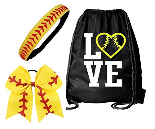 Kenz Laurenz Softball Gifts – Leder gesäumtes Stirnband, Softball Kordelzug Tasche, Softball Haarschleife (Softball Set Tasche Stirnband Schleife) - Click to Buy
