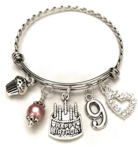 9th BIRTHDAY Bracelet, 9th Birthday Charm Bracelet, 9 Year Old Daughter Birthday Gift Idea, Ninth Birthday Gift, 9 Year Old Birthday Bangle - Click to Buy