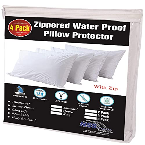 Niagara 4 Pack Waterproof Pillow Protectors King 20x36 Inches Smooth Zipper Premium Encasement Covers Quiet Cases Set White