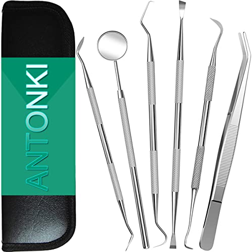 Antonki 6 Pcs Dental Tools, Teeth Cleaning Tools, Dental Hygiene Kit, Dentist Picks Professional Stainless Steel Dentist Tools Plaque Remover Tartar Scraper - with Case - Click to Buy