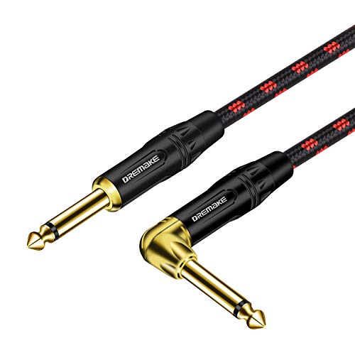 DREMAKE 3 Foot Professional Instrument Cable, Guitar Cable for Speaker Bass Keyboard 1/4" (6.3mm) Straight to Right Angle Inch Cable Black/Red Tweed - Click to Buy