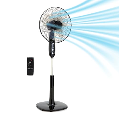 Amazon Basics 16" Pedestal Fan with Remote, Floor Fan, Standing Fan for Bedroom, Living Room, Office, with 3 Speeds, 3 Modes, Timer, Dual-Layered Blades, Adjustable Height, Tilt Head, 60W, Black - Click to Buy