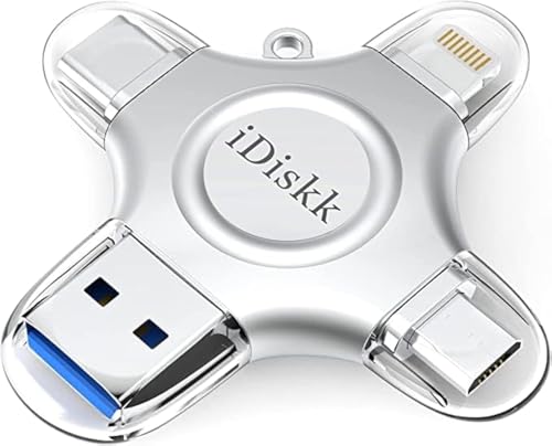 MFi Certified iDiskk 128GB Flash Drive for iPhone 15 16 iPad USB 3.0 Lightning Drive 4 in 1 Multi Functional External Storage for iOS and Android Samsung Phones Type c Devices and MacBook Photo Drive - Click to Buy