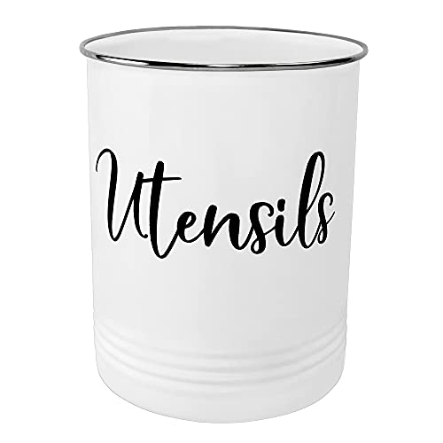 Home Acre Designs Kitchen Utensil Holder Utensil Crocks Countertop Organizer Vintage Farmhouse Kitchen Decor Caddy for Utensils, Utensil Holder Stainless Steel Rim White - Click to Buy