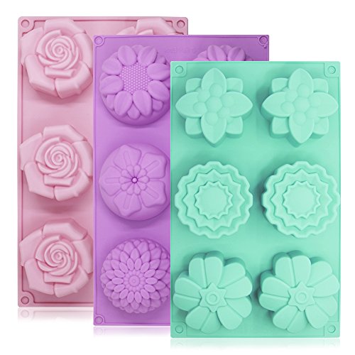 Lot de 3 moules à gâteaux Senhai en silicone - 6 fleurs par moule - Pour fabrication de glaçons, chocolats et décorations pour gâteau - Coloris : violet, vert et rose - Click to Buy