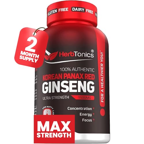 Herbtonics Korean Red Panax Ginseng 1500mg - Energy Supplement for Peak Performance, Focus & Vitality - High Potency Ginseng Root Extract - 120 Vegan Capsules - Click to Buy