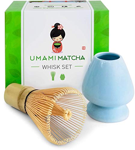 Umami Matcha Whisk Set | Matcha Bamboo Whisk (Chasen) & Blue Ceramic Matcha Whisk Holder | 100 Tine Matcha Tea Wisk & Stand | Ceremonial Matcha Tea Set | Starter Matcha Kit For Japanese Tea Ceremony - Click to Buy