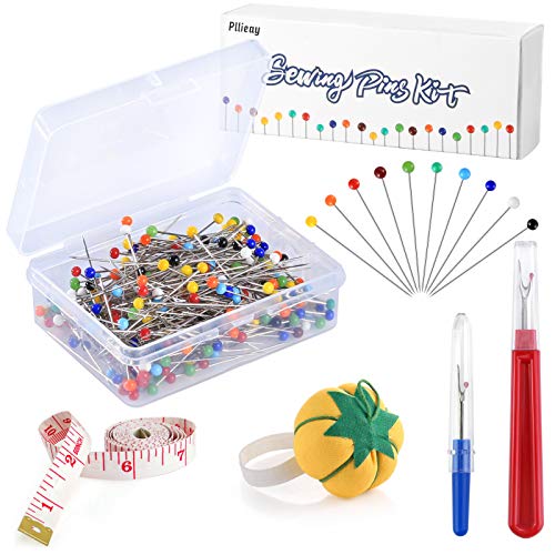 Pllieay 250 Pieces Sewing Pins 38mm Multicolor Glass Ball Head Pins Straight Quilting Pins Including Sewing Seam Ripper and Soft Tape Measure for Dressmaking Jewelry Components Flower Decoration