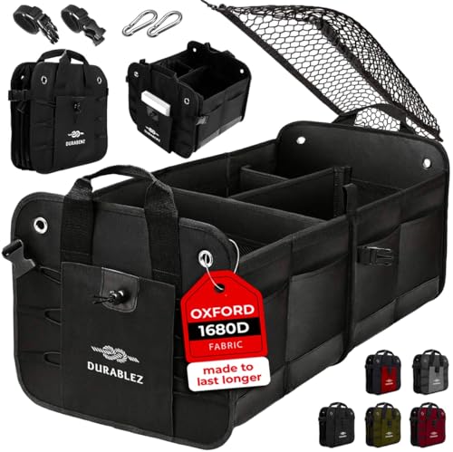 Car Trunk Organizer - Collapsible, Foldable - with Covering Net, Removable Dividers, Attachable Non-Slip Pads, Mounting Straps, and Stainless Hooks - for SUV, Truck, Sedan, Minivan, and Van - Black - Click to Buy