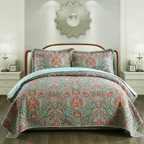 NEWLAKE Cotton Bedspread Quilt Sets-Reversible Patchwork Coverlet Set, European Gorgeous Floral Pattern, King Size