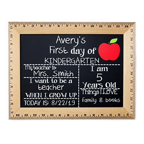 First Day of School Sign (15"x11.5"), Reusable Chalkboard, Easy-to-Clean with Real Wooden Ruler Frame, Handmade in USA by Bloom Owl, Perfect for Back to School, First Day of Kindergarten or Preschool