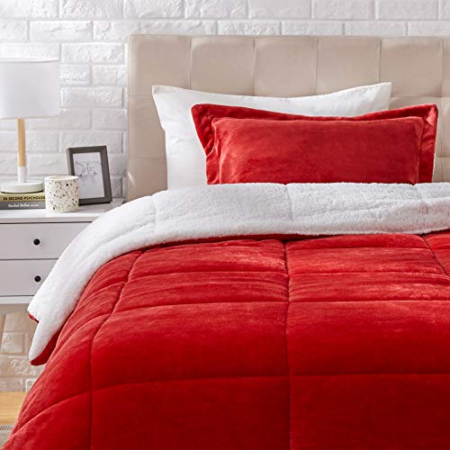 AmazonBasics Micromink Sherpa Comforter Set - Twin, Red - Click to Buy